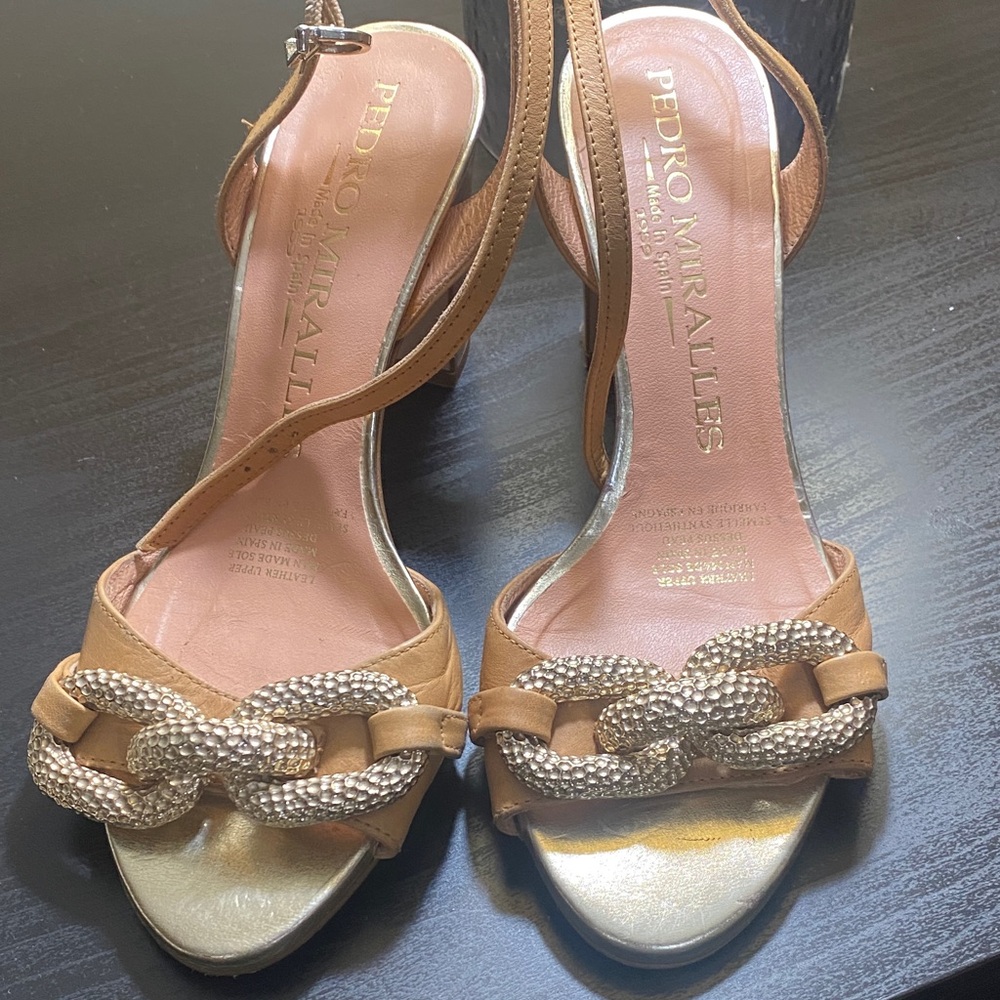 Pedro Miralles Brown and Gold Chain Heels